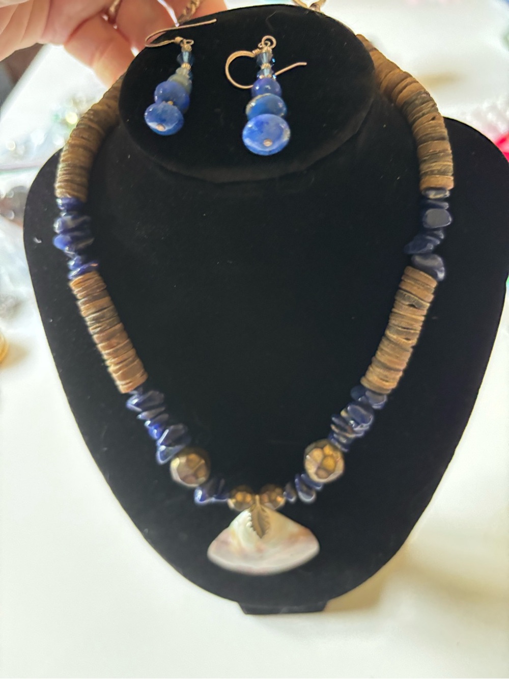 Vintage Artisan Lapis Lazuli Shell Statement Necklace Earrings Boho Coastal Set